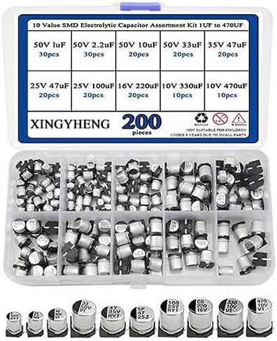 XINGYHENG 200 قطعة 10 قيمة SMD مجموعة متنوعة من المكثفات الإلكتروليتية 1 فائق التوهج إلى 470 فائق التوهج (مكثف كهربائي من الألومنيوم مع صندوق بلاستيكي) in Kuwait
