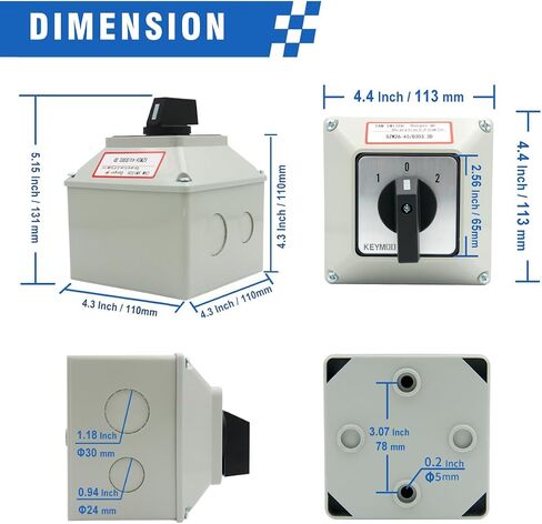 مفتاح تحويل دوار Keymoo 40A مع صندوق خارجي، 3 محطات 3 مراحل 12، مفتاح محدد عالمي مع محطات صفراء AWG 12-10، صندوق تبديل الكاميرا IP65 40/D303.3D in Saudi Arabia