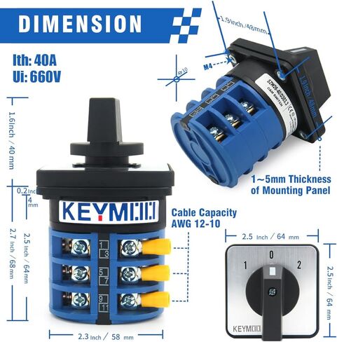مفتاح تحويل دوار Keymoo 40A مع صندوق خارجي، 3 محطات 3 مراحل 12، مفتاح محدد عالمي مع محطات صفراء AWG 12-10، صندوق تبديل الكاميرا IP65 40/D303.3D in Saudi Arabia