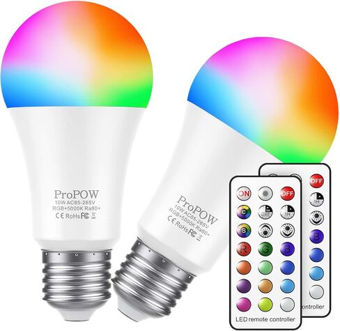 لمبة إضاءة متغيرة الألوان من ProPOW، مصابيح إضاءة LED RGBW بقدرة 10 وات مع جهاز تحكم عن بعد، لمبة إضاءة زخرفية متعددة الألوان للمنزل والمسرح والحفلات، أبيض بارد 5000 ك (عبوة من قطعتين) in Kuwait