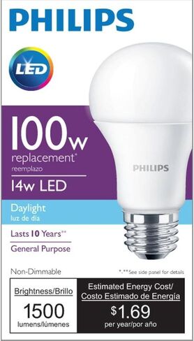 لمبة الإضاءة البلورية A19 LED غير القابلة للضوء من Philips: 800 لومن، 5000 كلفن، 9 وات (ما يعادل 60 وات)، قاعدة E26، ضوء النهار، 4 عبوات، 455600 in Kuwait