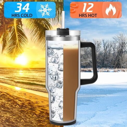40 oz Tumbler with Handle and Straw, Pink Insulated Travel Mug Iced Coffee Cup, Reusable Stainless Steel Insulated Water Bottle, Keeps Drinks Cold for 34 Hours, Dishwasher Safe, BPA Free in Kuwait