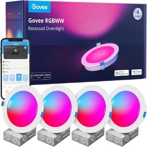 Govee Smart Recessed Lighting 6 Inch, Wi-Fi Bluetooth Direct Connect RGBWW LED Downlight, 65 Scene Mode, LED can Lights Work with Alexa & Google Assistant with Junction Box, 1100 Lumen, 4 Pack