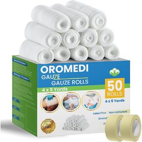 OROMEDI 50 حزمة متميزة من ضمادات الشاش مقاس 4 بوصات × 5 ياردات + شريطين إضافيين للإسعافات الأولية يتوافق مع لفافة لف الشاش للجروح ملفوفة بشكل فردي in Kuwait