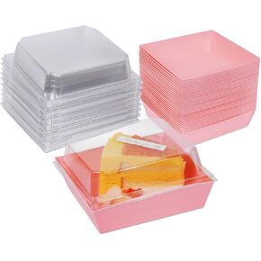 60 عبوة من صناديق تشاركوتيري الورقية مع اغطية شفافة امنة للاستعمال مرة واحدة، علب طعام مربعة بلون زهري للاستعمال مرة واحدة للمخبوزات والحلوى والساندويتش والكيك والبسكويت وكرات الكاكاو الساخنة in Kuwait