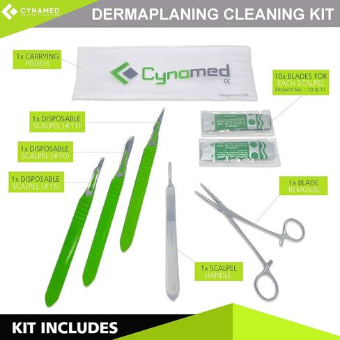 Dermaplaning Cleaning Kit - Disposable Scalpel Blades No.10, 11, 15, Metal Handle with Blades, and Hemostat Blade Removal – Sterile & Individually Foil Wrapped – Suitable for Dermaplaning and More in Saudi Arabia