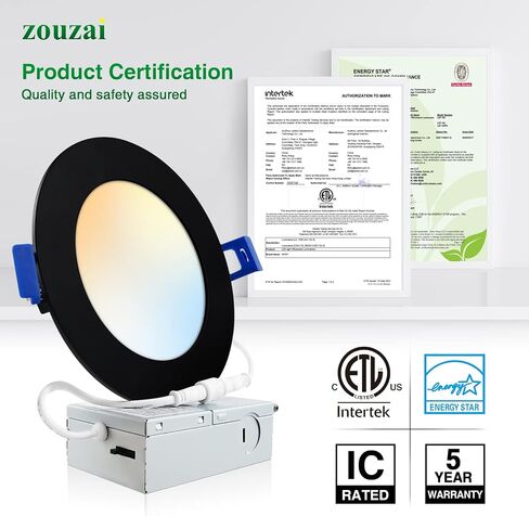24 Pack 4 Inch Black 5CCT Selectable Ultra-Thin LED Recessed Ceiling Light with Junction Box,9W Eqv 80W, Dimmable, led can Lights - ETL and Energy Star Certified in Kuwait