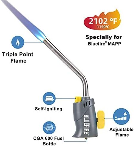 BLUEFIRE MRS-7014B رأس شعلة لحام الغاز للبروبان ووقود MAP PRO، تمديد فوهة أنبوب حرق 1.5 بوصة، بيزو ذاتي الإشعال، أسطوانة لحام، لهب ثلاثي النقاط in Kuwait