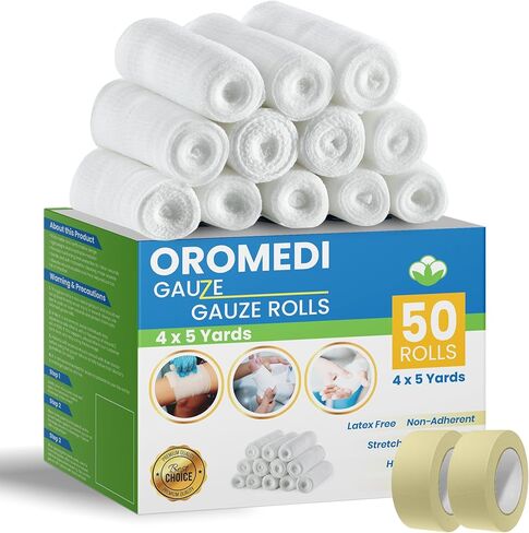 OROMEDI 50 حزمة متميزة من ضمادات الشاش مقاس 4 بوصات × 5 ياردات + شريطين إضافيين للإسعافات الأولية يتوافق مع لفافة لف الشاش للجروح ملفوفة بشكل فردي in Kuwait