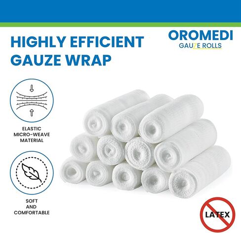 OROMEDI 50 حزمة متميزة من ضمادات الشاش مقاس 4 بوصات × 5 ياردات + شريطين إضافيين للإسعافات الأولية يتوافق مع لفافة لف الشاش للجروح ملفوفة بشكل فردي in Kuwait