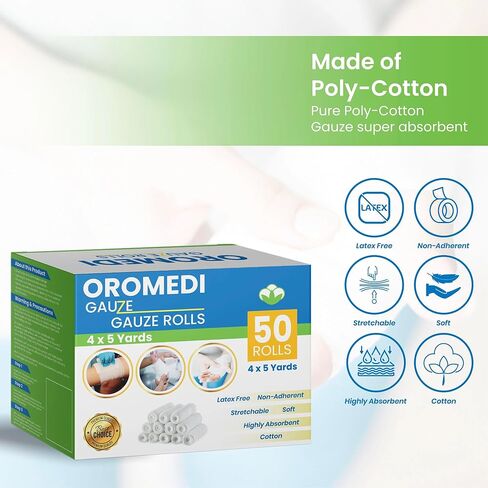 OROMEDI 50 حزمة متميزة من ضمادات الشاش مقاس 4 بوصات × 5 ياردات + شريطين إضافيين للإسعافات الأولية يتوافق مع لفافة لف الشاش للجروح ملفوفة بشكل فردي in Kuwait