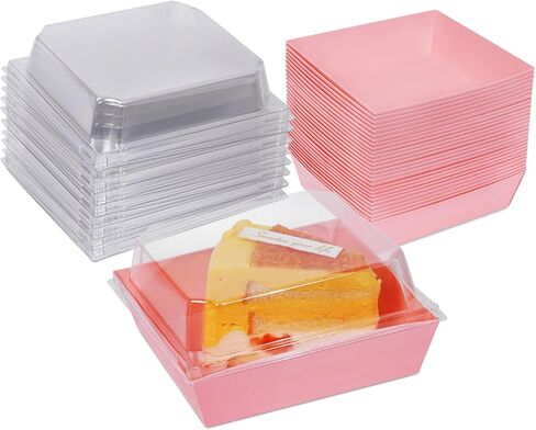 60 عبوة من صناديق تشاركوتيري الورقية مع اغطية شفافة امنة للاستعمال مرة واحدة، علب طعام مربعة بلون زهري للاستعمال مرة واحدة للمخبوزات والحلوى والساندويتش والكيك والبسكويت وكرات الكاكاو الساخنة in Kuwait
