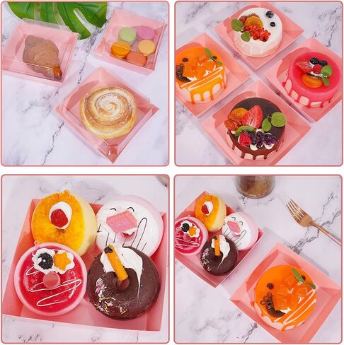 60 عبوة من صناديق تشاركوتيري الورقية مع اغطية شفافة امنة للاستعمال مرة واحدة، علب طعام مربعة بلون زهري للاستعمال مرة واحدة للمخبوزات والحلوى والساندويتش والكيك والبسكويت وكرات الكاكاو الساخنة in Kuwait