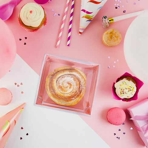 60 عبوة من صناديق تشاركوتيري الورقية مع اغطية شفافة امنة للاستعمال مرة واحدة، علب طعام مربعة بلون زهري للاستعمال مرة واحدة للمخبوزات والحلوى والساندويتش والكيك والبسكويت وكرات الكاكاو الساخنة in Kuwait