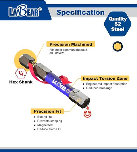 LABEAR- 6pc. SQ2 Roberson Square 2" long, Impact Driver Screwdriving Power Bits Set with a Carabiner, S2 Steel in Saudi Arabia
