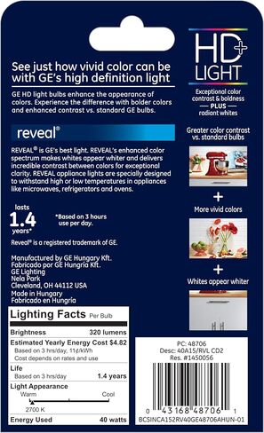 GE Lighting 48706 40-Watt Reveal A15 Appliance Bulb, 2-Card, 2 Count (Pack of 1), Clear in Saudi Arabia