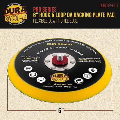 Dura-Gold Pro Series 6" Hook & Loop DA Backing Plate Pad - Low Profile Edge, Medium Density, Dual-Action Random Orbital Sanding Pad, 5/16" - 24 Threads - For Sander Polisher Auto Woodworking Sandpaper in Saudi Arabia