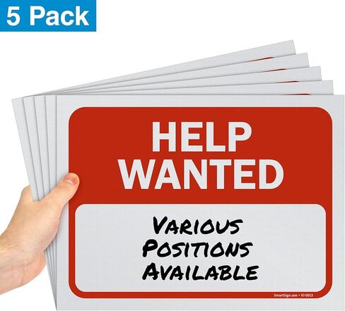 SmartSign (عبوة من 5 قطع) لافتة كتابة "Help Wanted" مقاس 9 × 12 بوصة، مطبوعة بالشاشة الحريرية، 10 مل من بلاستيك البوليسترين، أحمر وأبيض in Kuwait