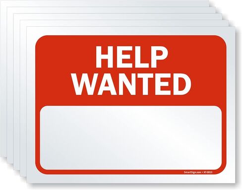 SmartSign (عبوة من 5 قطع) لافتة كتابة "Help Wanted" مقاس 9 × 12 بوصة، مطبوعة بالشاشة الحريرية، 10 مل من بلاستيك البوليسترين، أحمر وأبيض in Kuwait