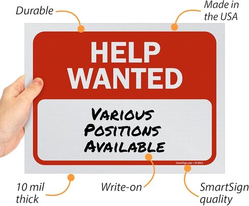 SmartSign (عبوة من 5 قطع) لافتة كتابة "Help Wanted" مقاس 9 × 12 بوصة، مطبوعة بالشاشة الحريرية، 10 مل من بلاستيك البوليسترين، أحمر وأبيض in Kuwait