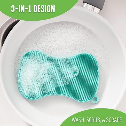 GreenLife Reusable Multipurpose Silicone 2 Pack Sponge and Scrubber, Hygienic and Odor Resistant Dish Washing, Scratch Free Cleaning, Dishwasher and Microwave Safe, BPA Free, Green and Yellow in Kuwait