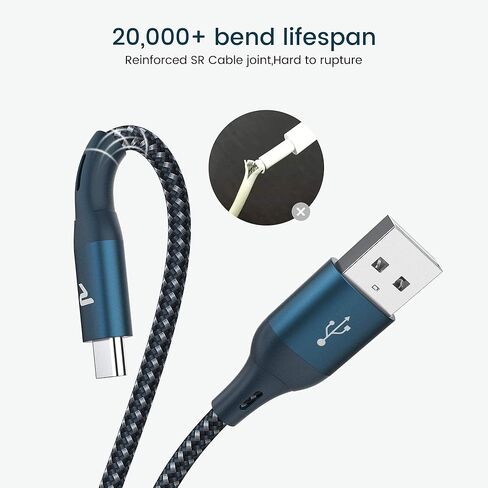 كابل RAMPOW USB C، [عبوتان، 3.3 قدم، QC3.0] كابل شحن سريع من النوع C - كابل شاحن USB مضفر من النايلون من النوع A إلى النوع C لهاتف iPhone 15، وSamsung Galaxy S10+/S10/S20/S8/Note 9/10 ،G7/V20 (الأزرق الداكن) in Kuwait