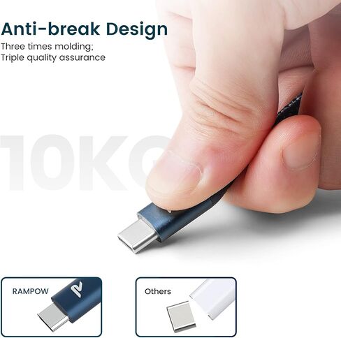 كابل RAMPOW USB C، [عبوتان، 3.3 قدم، QC3.0] كابل شحن سريع من النوع C - كابل شاحن USB مضفر من النايلون من النوع A إلى النوع C لهاتف iPhone 15، وSamsung Galaxy S10+/S10/S20/S8/Note 9/10 ،G7/V20 (الأزرق الداكن) in Kuwait