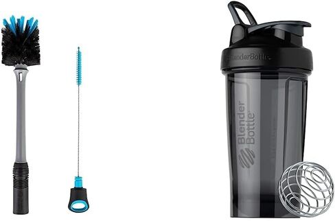 فرشاة تنظيف الزجاجة والمصاصة 2 في 1 من BlenderBottle، عبوة واحدة وقش سيليكون قابل لإعادة الاستخدام لزجاجات BlenderBottle، باللون الأسود والأزرق (عبوتان) in Kuwait