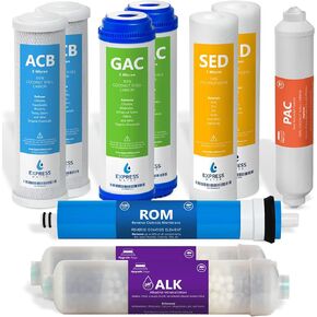 Express Water – 1 Year Alkaline Reverse Osmosis System Replacement Filter Set – 10 Filters with 50 GPD RO Membrane – 10 inch Size Water Filters