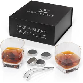 Hockey Whiskey Stone Set 7pcs | 4 Hockey Puck Whiskey Stones with Cooling Gel Interior | Best Hockey Gifts for Hockey Coach! | Hockey Stick Tongs, Elegant Glasses Whiskey Set | Fathers Day Hockey Gift in Saudi Arabia