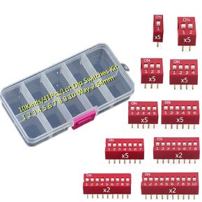 SamIdea 10Kinds/41Pcs/Lot Dip Switches Kit in Box 1 2 3 4 5 6 7 8 9 10 Way 2.54mm Toggle Switch Red Snap Switches,PCB Mountable On Off Dip DIL Switch Kit for Circuit, Breadboards, and Arduino