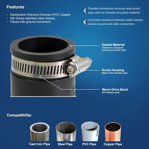 توريد العملاق 6I59x2 وصلة توصيل مرنة من البولي فينيل كلوريد مع مشابك من الفولاذ المقاوم للصدأ، 5 × 4 بوصة، أسود (عبوة من 2)، 5 × 4 in Kuwait