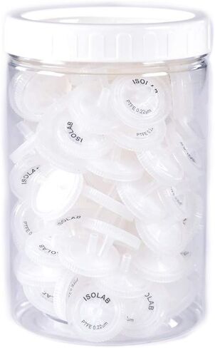 ISOLAB USA - ترشيح المحقنة غشاء PTFE بقطر 25 مم حجم المسام 0.22 مم غير معقمة عبوة من 100 قطعة. فلتر للمياه والمواد الكيميائية والمشروبات. in Kuwait