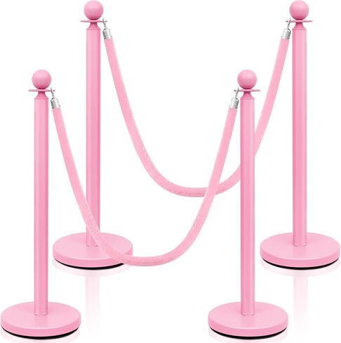 Ferraycle Stainless Steel Stanchions Post Queue, 5 ft Pink Velvet Rope Red Carpet Ropes and Poles, 38 Inch Pink Crowd Control Barriers Sand Injection Hollow Base Rope Safety Barriers Set, Pink in Kuwait