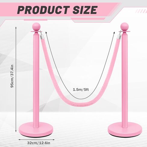 Ferraycle Stainless Steel Stanchions Post Queue, 5 ft Pink Velvet Rope Red Carpet Ropes and Poles, 38 Inch Pink Crowd Control Barriers Sand Injection Hollow Base Rope Safety Barriers Set, Pink in Kuwait
