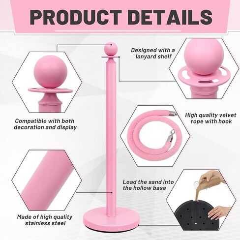 Ferraycle Stainless Steel Stanchions Post Queue, 5 ft Pink Velvet Rope Red Carpet Ropes and Poles, 38 Inch Pink Crowd Control Barriers Sand Injection Hollow Base Rope Safety Barriers Set, Pink in Kuwait