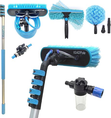 IGADPole 28ft(8.8m) Washing Kit: Water-fed Brush, Cobweb Duster and 10"(25cm) Squeegee and Soap Dispenser, Window Cleaning Pole, Water Fed Telescopic Brush, Window Cleaner Kit in Kuwait