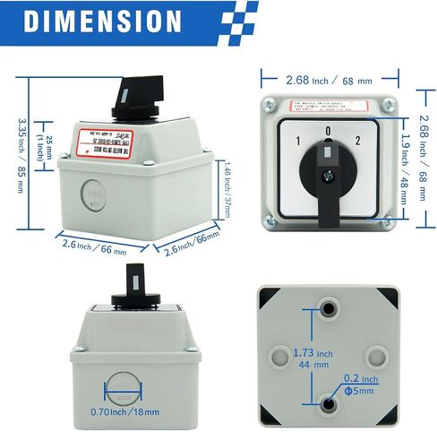 Keymoo 20A Rotary Changeover Switch,3 Position 2 Phase 8 Terminals,ON-Off-ON Universal Selector Switch, Cam Switch P65,CE 20/D202.2D (Switch & Exterior Box) in Saudi Arabia
