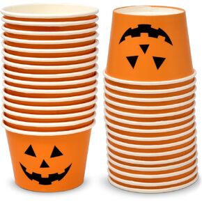 48 Count Halloween Treat Snack Cups 10 Oz. Jack O Lantern Disposable Paper Cup Dessert Ice Cream Bowls Orange & Black Pumpkin Face Holiday Design For Treats Cupcakes Party Favor Supplies Decor in Kuwait
