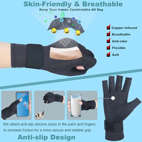 Copper Arthritis Gloves with Adjustable Wrist Strap for Women Men, Full Finger Compression Gloves for Arthritis, Carpal Tunnel, Pain Relief, Swelling, Rheumatoid, Typing (Small/Medium) in Saudi Arabia