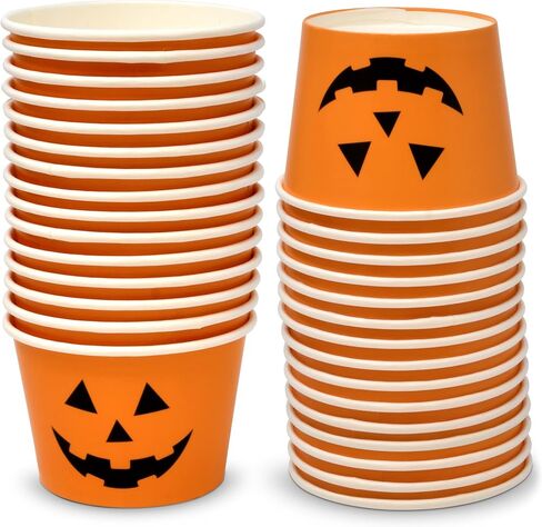 48 Count Halloween Treat Snack Cups 10 Oz. Jack O Lantern Disposable Paper Cup Dessert Ice Cream Bowls Orange & Black Pumpkin Face Holiday Design For Treats Cupcakes Party Favor Supplies Decor in Kuwait