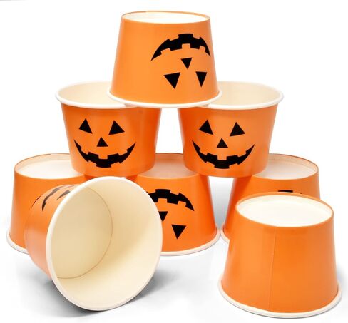 48 Count Halloween Treat Snack Cups 10 Oz. Jack O Lantern Disposable Paper Cup Dessert Ice Cream Bowls Orange & Black Pumpkin Face Holiday Design For Treats Cupcakes Party Favor Supplies Decor in Kuwait