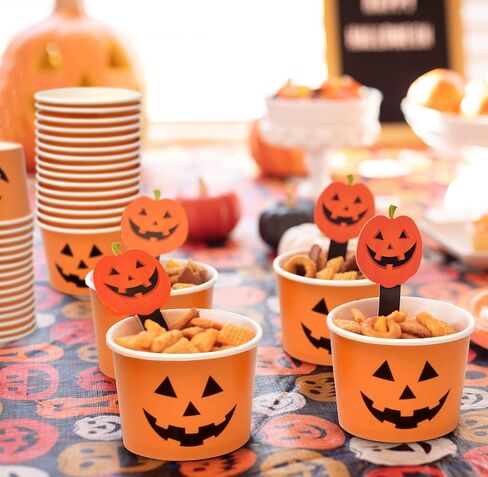 48 Count Halloween Treat Snack Cups 10 Oz. Jack O Lantern Disposable Paper Cup Dessert Ice Cream Bowls Orange & Black Pumpkin Face Holiday Design For Treats Cupcakes Party Favor Supplies Decor in Kuwait
