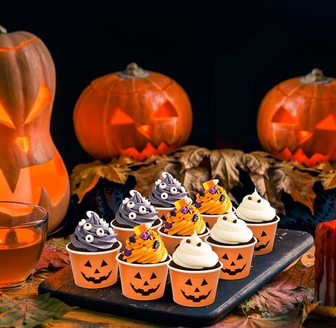 48 Count Halloween Treat Snack Cups 10 Oz. Jack O Lantern Disposable Paper Cup Dessert Ice Cream Bowls Orange & Black Pumpkin Face Holiday Design For Treats Cupcakes Party Favor Supplies Decor in Kuwait