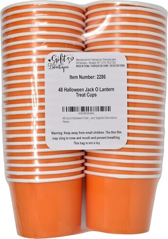 48 Count Halloween Treat Snack Cups 10 Oz. Jack O Lantern Disposable Paper Cup Dessert Ice Cream Bowls Orange & Black Pumpkin Face Holiday Design For Treats Cupcakes Party Favor Supplies Decor in Kuwait