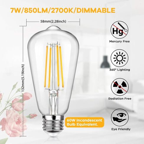 Lakumu 12-Pack Dimmable Vintage LED Edison Bulbs Equivalent 60W Incandescent, 7W Warm White 2700K ST58 Antique LED Filament Bulbs with E26 Medium Base, Super Brightness 850LM, Clear Glass in Saudi Arabia