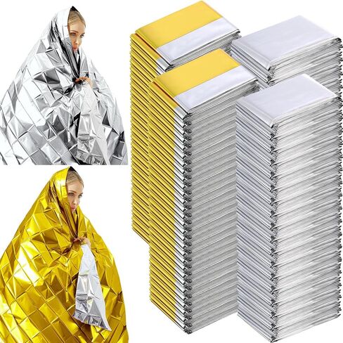 Kanayu 100 Pack Emergency Foil Thermal Blankets for Survival 82" x 63" Foil Space Blanket Survival Kit for Outdoors Camping Hiking Homeless Survival or First Aid, 50 Pcs Golden 50 Pcs Silver in Saudi Arabia