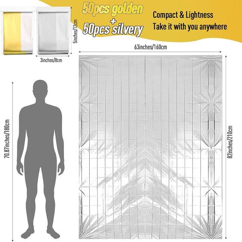 Kanayu 100 Pack Emergency Foil Thermal Blankets for Survival 82" x 63" Foil Space Blanket Survival Kit for Outdoors Camping Hiking Homeless Survival or First Aid, 50 Pcs Golden 50 Pcs Silver in Saudi Arabia