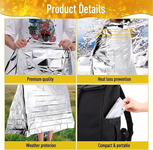 Kanayu 100 Pack Emergency Foil Thermal Blankets for Survival 82" x 63" Foil Space Blanket Survival Kit for Outdoors Camping Hiking Homeless Survival or First Aid, 50 Pcs Golden 50 Pcs Silver in Saudi Arabia