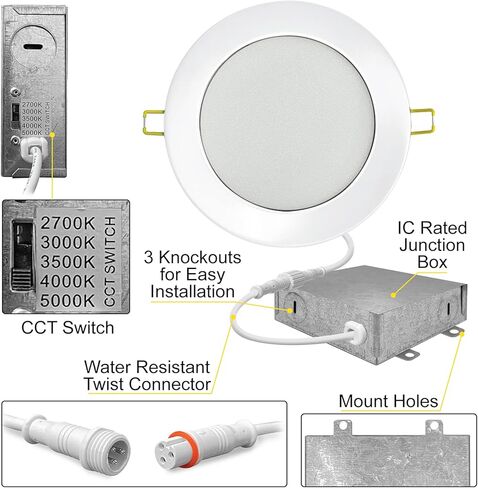 نوات | 6 عبوات | إضاءة LED غائرة 3 بوصة، يمكن اختيارها 2700K/3000K/3500K/4000K/5000K، 8 وات، 500 لومن، إضاءة سفلية LED قابلة للتعتيم، تصنيف IC، تصنيف رطب، صندوق توصيل معدني، مصباح سقف CRI 90 in Kuwait